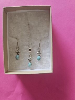 Navajo 925 Sterling Silver and Buffalo Turquoise Necklace & Drop Earring Set